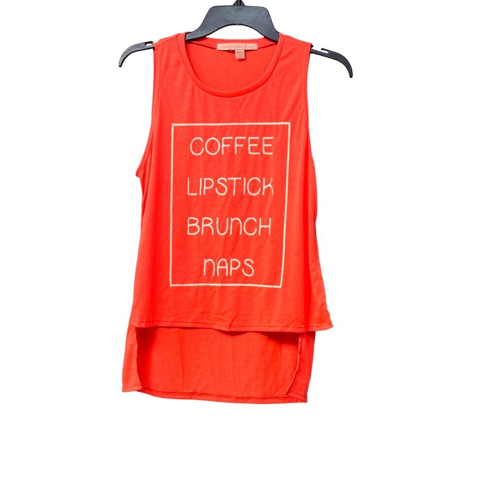 Rebellious One Junior's High-Lowe Graphic Tank Top, Neon Coral,  Sz. L